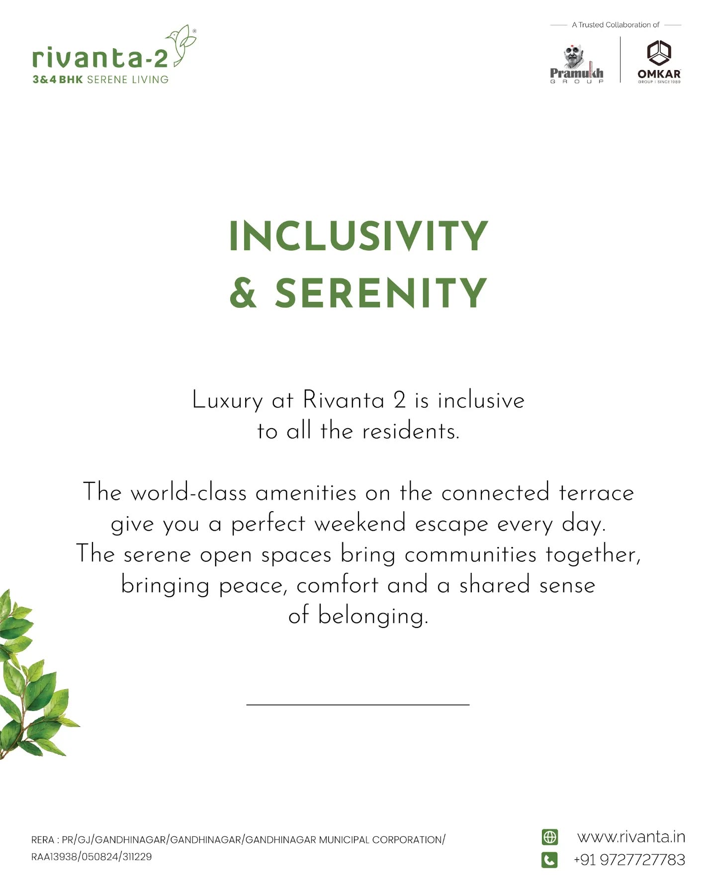 Rivanta,  rivanta2, rivanta, pramukhomkarrivanta, pramukhomkargroup, luxuriousamenities, liveamidstnature, 3bhk, 3bhkapartments, 4bhkapartments, 4bhk, randesangandhinagar, randesan, inclusivity, serenity